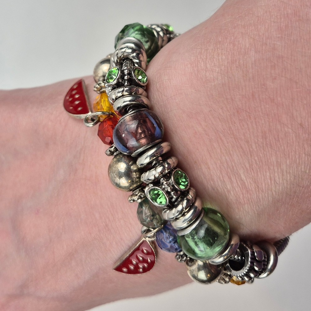 Vtg Bracelet Lot 2pc Watermelon‎ Charm Beaded Glass Silver Tone Whimsical 6.5/7
